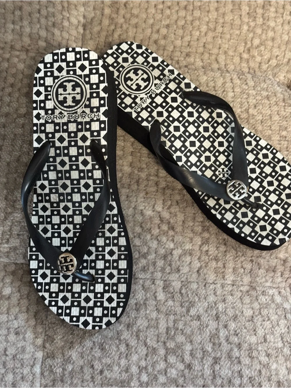 Tory Burch Black and White Logo-Print Wedge Flip Flops